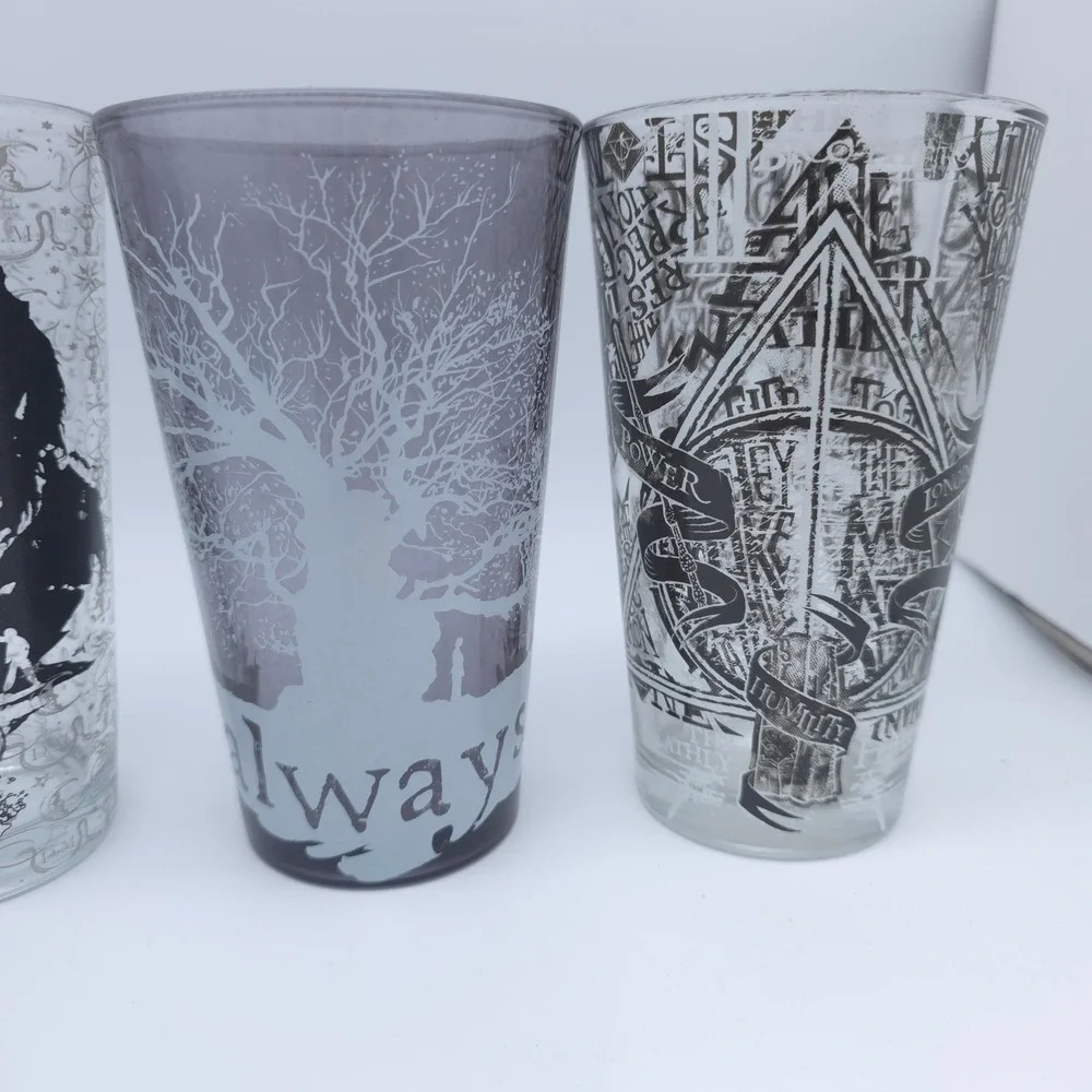 Harry Potter Pint Glass Set 4pc 16oz. Marauder's Map Deathly Hallows Always Gift